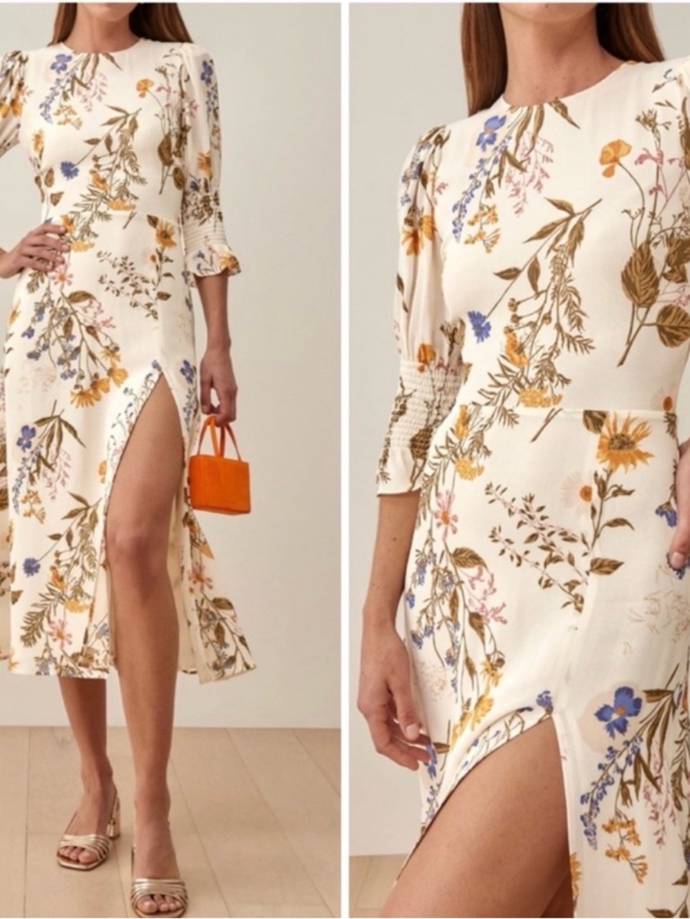 NWT $248 Reformation Carolena Floral Print‎ Midi Dress Frolic Size 0 Off-White
